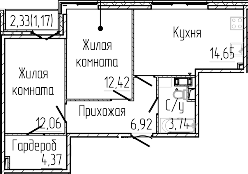2-комнатная квартира 55.33 м², 3/8 эт., ЖК «SERTOLOVO PARK»